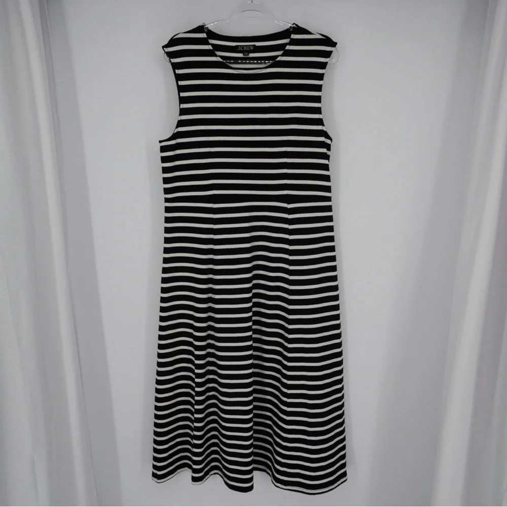 J. Crew Cap‎ Sleeve Knit Cotton Midi Dress Striped Black/White Preppy Nautical L